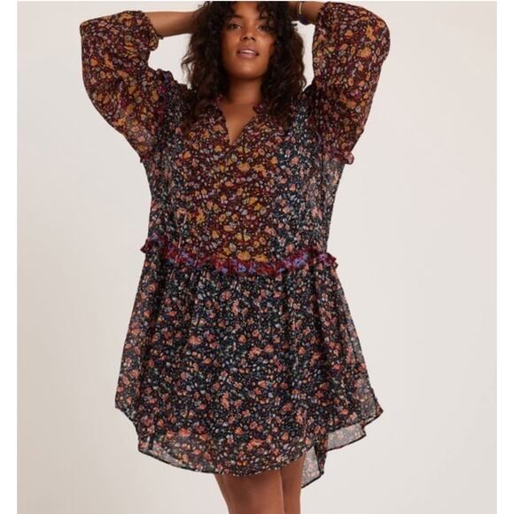 ANTHROPOLOGIE Women’s Helene Silk Multi Floral Ruffle Dress small - Picture 1 of 9